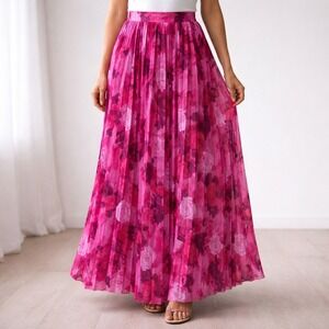 NWT MANGO Sz L Floral Pleated Maxi Skirt Pink Roses Flowy Boho Festival Party